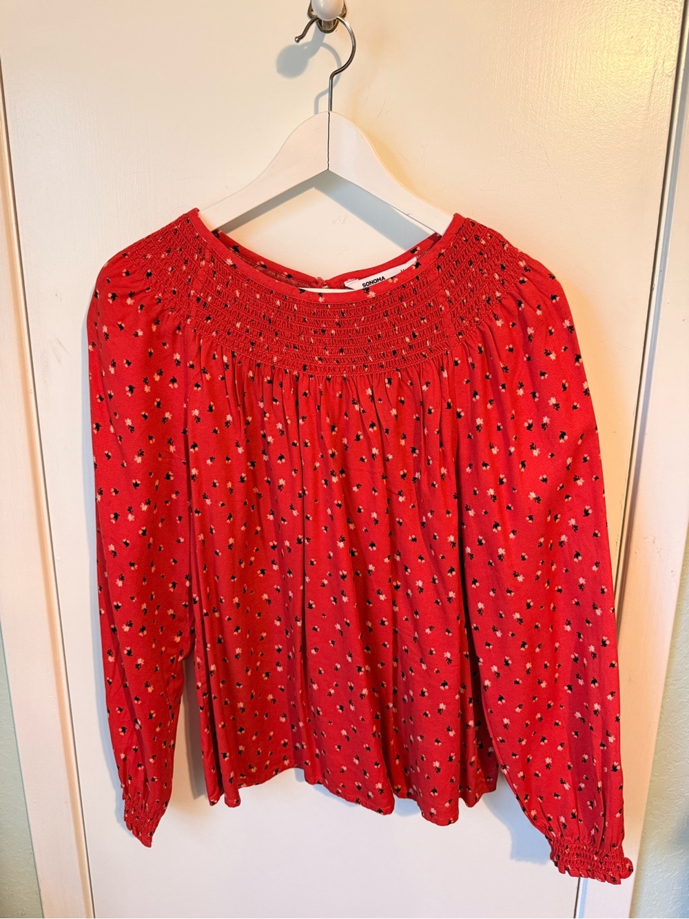 Sonoma Red Smocked-Neck Floral Blouse